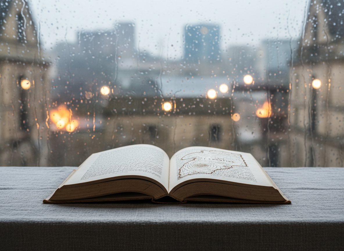 An open book beside a rain-covered window overlooking a city